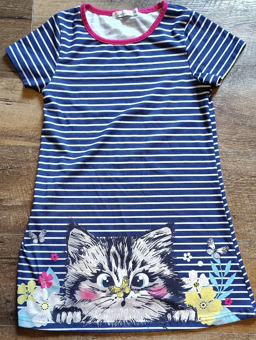 Sunshine Swing Girl's Striped Navy Blue Dress with Cute Kitten Design 10 Years
